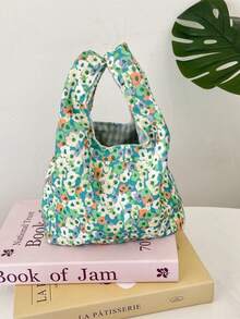 1 pieza Bolsa de almuerzo con flores lindas, bolso de hombro tipo tote para damas, bolso de compras con estampado floral dulce para mujer, bolso de almuerzo de dibujos animados casual y portátil, bolso de mano pequeño para damas, bolso de comida, bolso de viaje y picnic