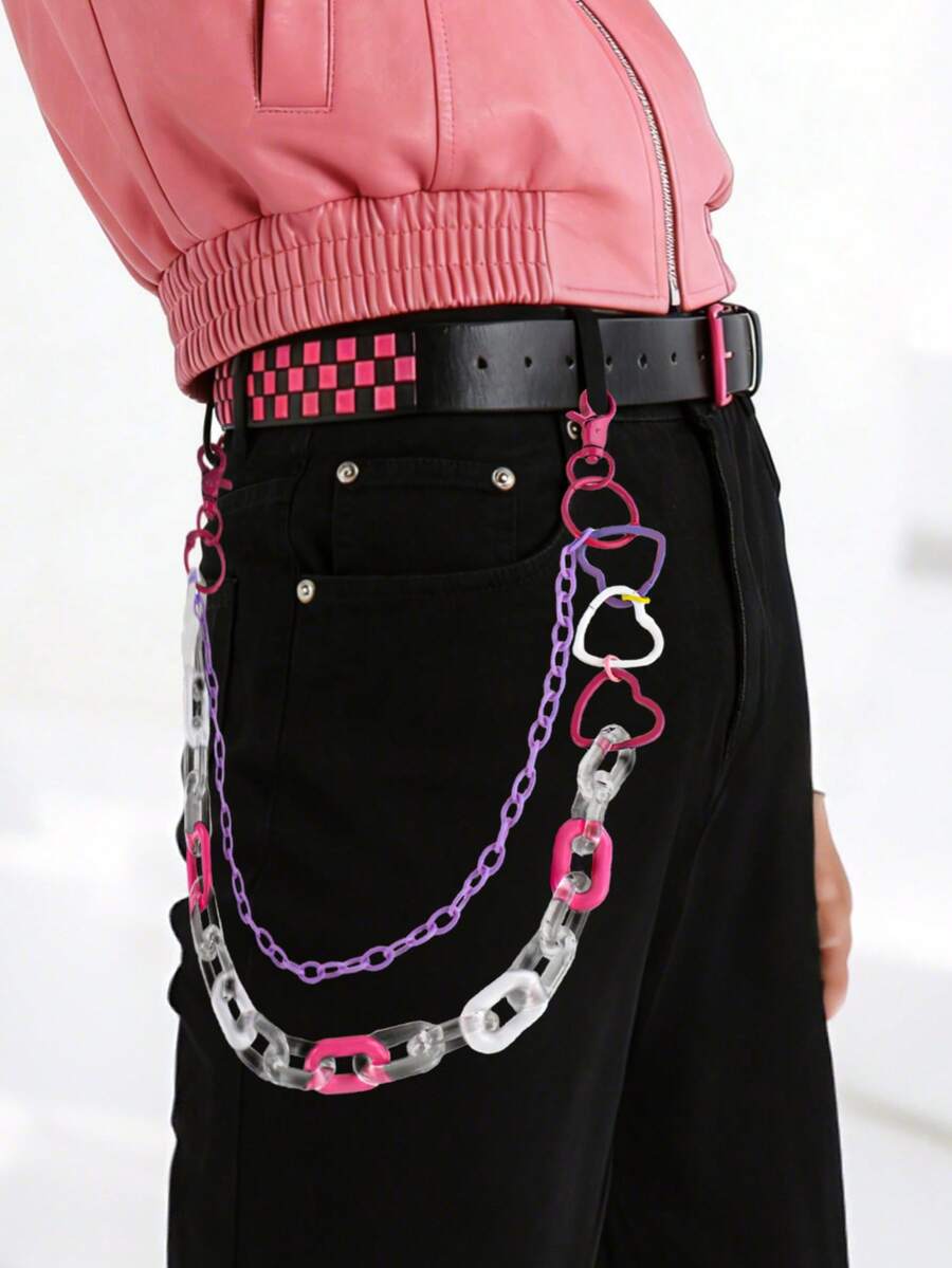 1 pieza Cinturón de cuero con diseño de tablero de ajedrez y decoración de cadena con forma de corazón de metal, adecuado para jeans, accesorio de moda vintage para uso casual y cosplay, unisex