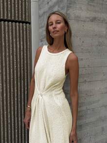 Women's Round Neck Sleeveless French Elegant Fitted Maxi Dress, Button Decor, Casual Everyday Wear, Travel & Street Style Spring - Apricot - View 4