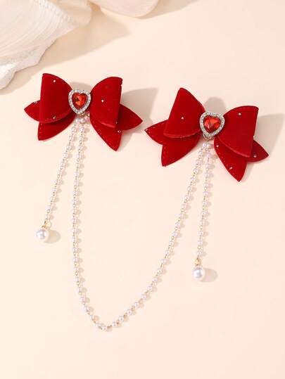 2pcs/Set Girls' Red Bow Pearl Chain Hair Clips Set, Suitable For New Year Decoration And Daily Wear