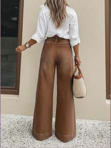 Women's Casual Wide Leg Jeans, Elegant & Fashionable Long Style, With Pockets, Medium Stretch Washed Fabric - Mocha Brown - View 3