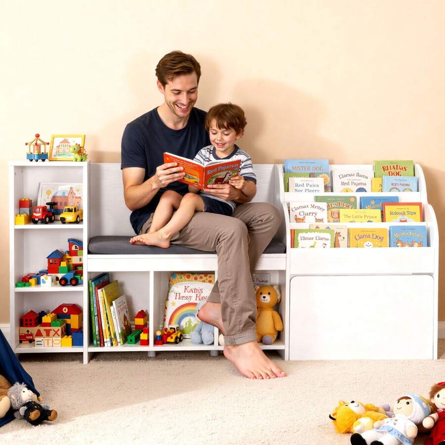 Kids Reading Nook, Wooden Storage Bench With Backrest, Kids Bookshelf & Toy Organizer, Large Toy Box Chest For Playroom, Living Room Or Entryway, Easy Assembly, 66.9 X 15.8 X 31.5 In, White - White 64-69 inches - 查看 1