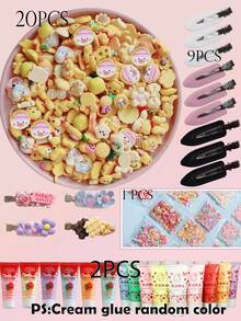 共34件DIY发饰套装，包括9个黑白发夹、2个随机颜色仿真花蕾（带2朵花头）、20个随机树脂配件、1个碎片配件，可爱发饰，共有八种颜色可选：（绿色、白色、粉色、玫瑰色、蓝色、紫色、黄色、咖啡色）。适合夏季和校园佩戴。