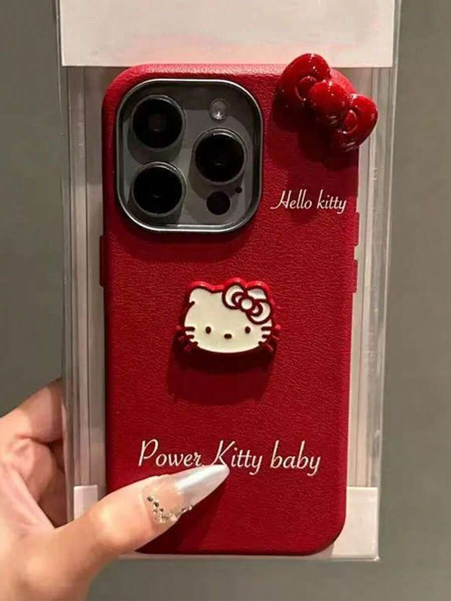 Sanrio 1个红色皮革纹理卡通3D三丽鸥Hello Kitty蝴蝶结TPU防震保护手机壳，兼容 11/12/13/14/15/16/17/Pro Max - 紅色 - 查看 1