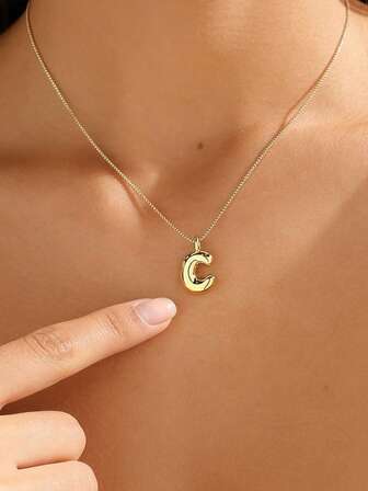 MECYLIFE 1pc Stainless Steel Mini Bubble Letter Necklace, Personalized 3D Letter Pendant Necklace, Versatile Everyday Jewelry For Women