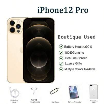 Apple آيفون 12 برو أبل المستخدم الجديد بنسبة 95% الدرجة A+، سعة تخزين 128 جيجابايت/256 جيجابايت، الألوان: فضي/ذهبي/رمادي/أزرق المحيط، يشمل: كابل الشحن، سماعات الأذن، غطاء الهاتف، واقي الشاشة، دبوس إخراج شريحة الاتصال