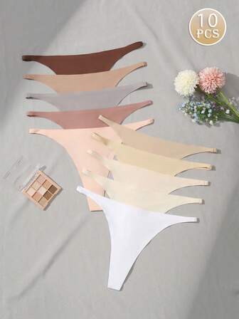 10pcs Women's Seamless Thin Thong Panties, Solid Color Fashion, Comfortable Soft Invisible Underwear, Sexy Bikini Set, Gift For Birthday, Valentine's Day, Christmas, Halloween