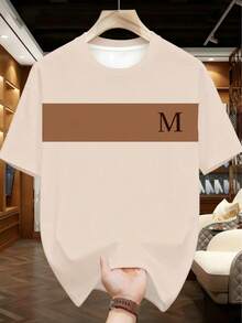 2pcs/Set Big & Tall Men's Summer Outfit, Beige & Brown Contrast Patchwork M Logo Tee With Minimalist Striped Pattern + Geometric Block Print Casual Shorts - Apricot - View 3