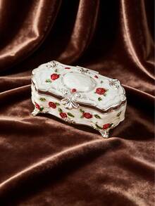 1pc Art Zino Studio Zinc Alloy Cotton Swab Holder: Available In 4 Colors - Antique Copper, Silver White, Silver White With Red Flowers, Gold White With Red Flowers. Oval Shape With Rose Engraving And Exquisite Patterns, Luxurious Retro Style. Can Store Cotton Swabs, Suitable For Romantic Occasions Like Birthdays, Valentine's Day, And A Practical Desktop Storage Item For All Seasons.