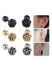 1-3 Pairs Vintage Rose Flower Stainless Steel Earrings, Gold Color Gift For Women - Rose Earrings - View 1