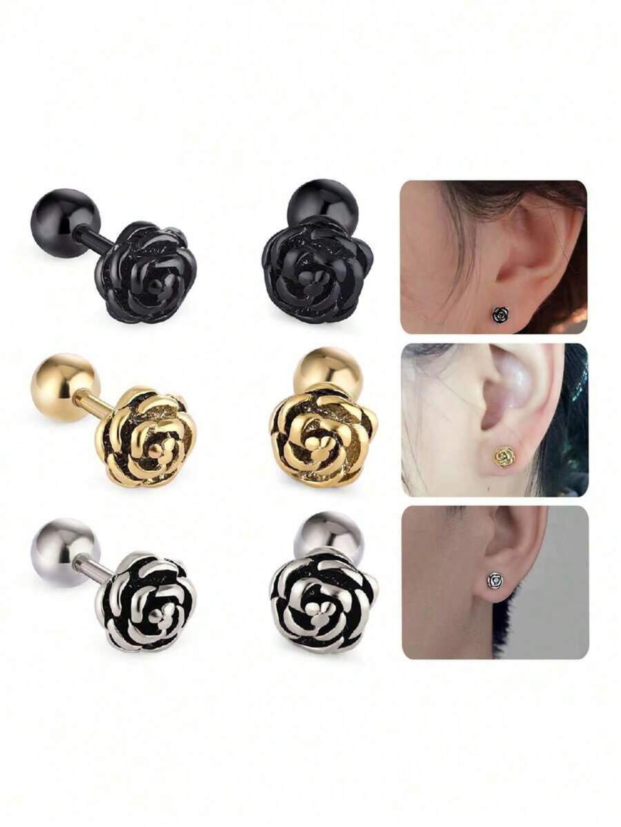 1-3 Pairs Vintage Rose Flower Stainless Steel Earrings, Gold Color Gift For Women - Rose Earrings - View 1