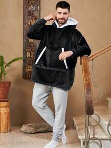 1PC Oversized Wearable Hoodie Blanket, Soft Fuzzy Microfiber & Sherpa Wearable Blanket Sweater With Giant For Women Men Adults, Home Sofa Bed Travel Office, Winter Warmth Essential - Multicolor - View 3