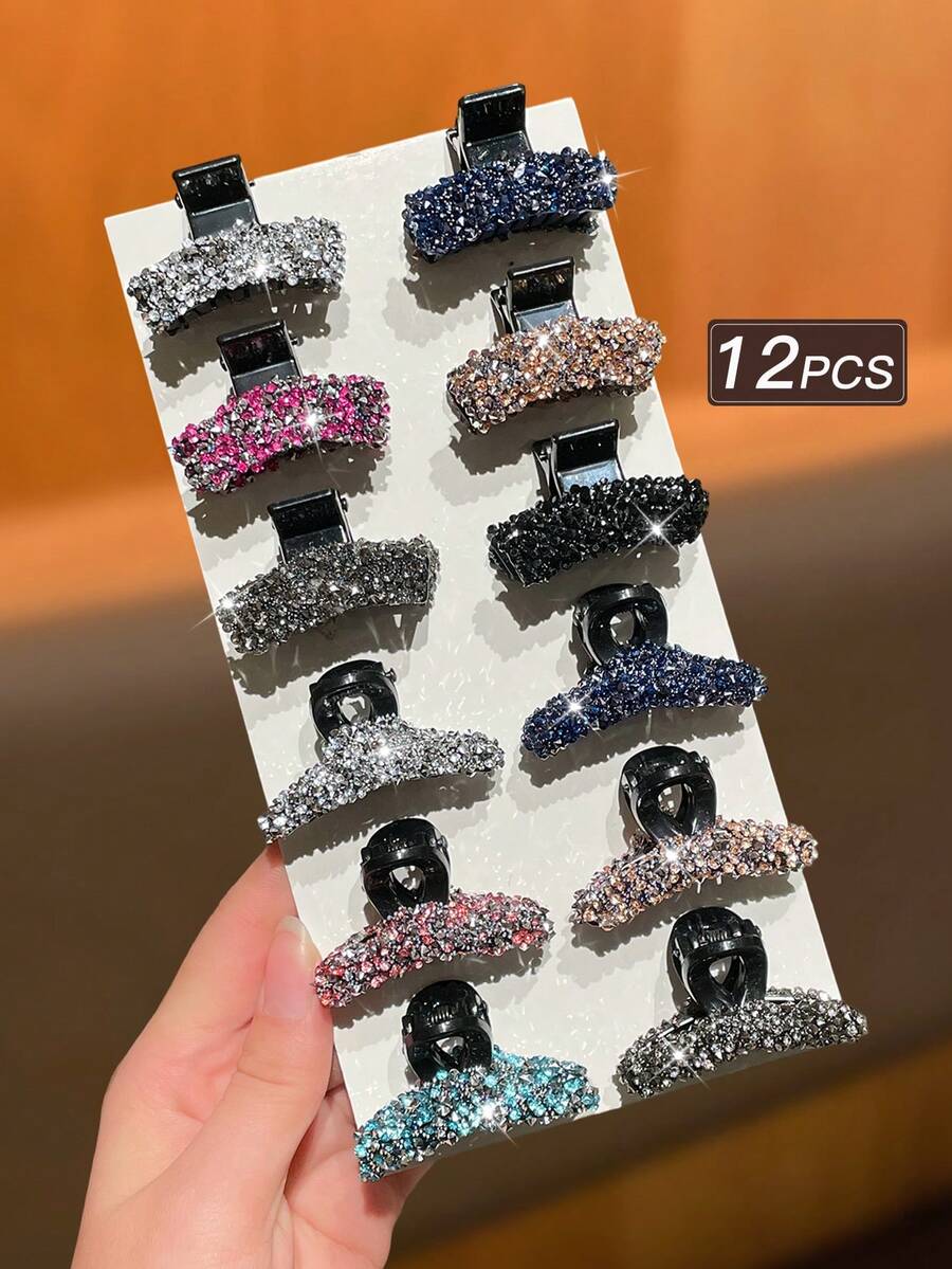 Conjunto de 12 presilhas de cabelo femininas elegantes e modernas com strass, perfeitas para o dia a dia e festas. Acessórios de cabelo femininos, um ótimo presente para ela. Presilha de cabelo feminina elegante com garra, ideal para ocasiões casuais. - Multicolorido - Ver 1