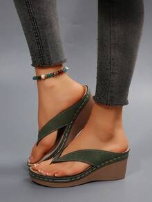 Women's Comfortable Platform Flip Flops, Simple Thong Sandals, Suitable For Casual, Outdoor, Vacation, Beach Wear In Summer,Wedge Sandals - Army Green - View 5