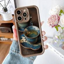 Cubierta de teléfono con borde negro diseño de taza de cerámica azul y dorada con patrones ondulados para uso diario y estilo artístico - Café integral - Ver 2