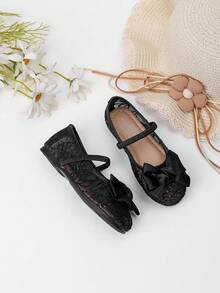 1 Pair New Spring Lace Flat Shoes For Female Students, Comfortable School/Outdoor Wear, Fashionable Baby Shoes, Toddler Lace Cloth Shoes, Girls Outdoor Flat Leather Shoes - Black - View 6