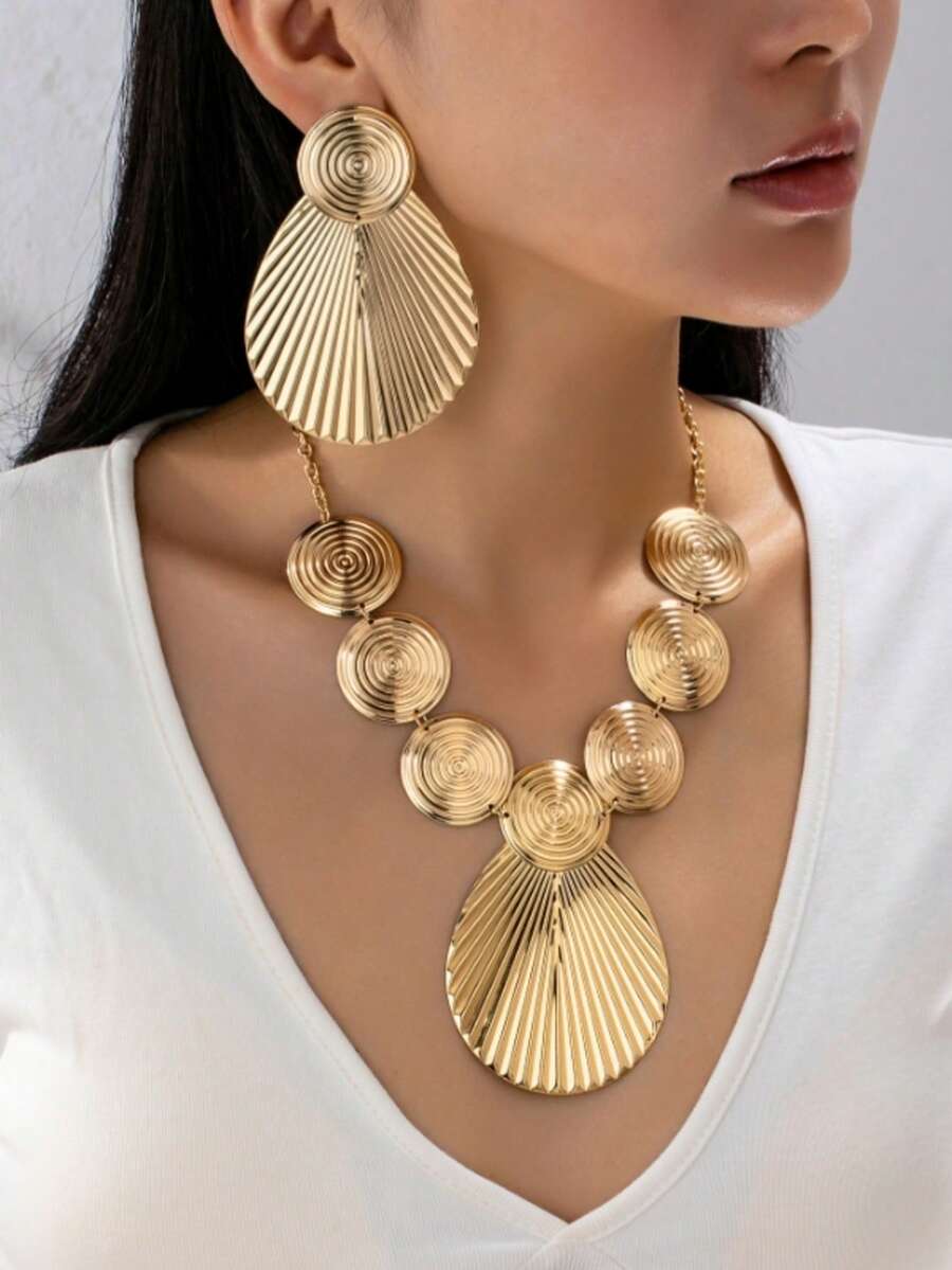 3件套夸张无限漩涡圆形大贝壳链项链耳环套装，适合女性参加派对或海滩度假时佩戴。 - 金色 - 查看 1