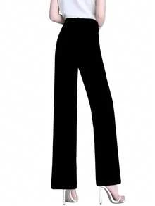 女士优雅纯色牙签条纹直筒宽松休闲裤 - 黑色 - 查看 6