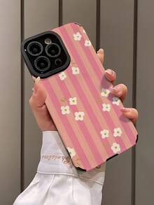 1pc Fashionable Minimalist Pink Striped Small White Flower Pattern Vertical Faux Leather Texture Anti-Slip Anti-Drop Soft Protective Phone Case Compatible With Apple And Phones (17/17 Air/17 Pro/17 Pro Max) - Multicolor - View 3