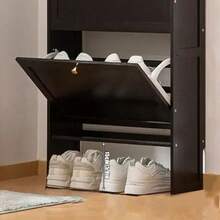 El Armario De Zapatos Con Estante De Zapatos Volcable, Mueble Zapatero Madera Hogar Casa, sala de estar y pasillo, estructura de madera, adecuado para almacenamiento de entrada - Blanco y Negro - Ver 3