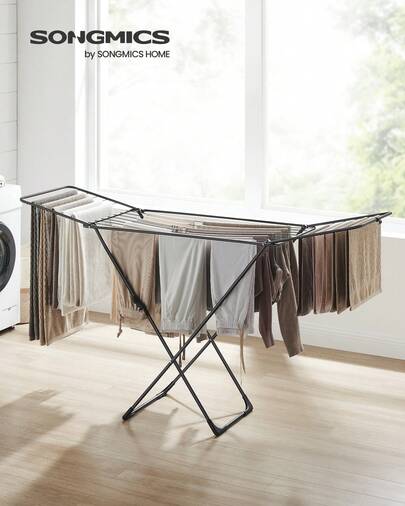 SONGMICS Wäscheständer, Standtrockner 52,5 x 173 x 96,5 cm, Flügelwäscheständer, Flügelwäschetrockner platzsparend, mit Sockenhalter, Metall, für Kleidung, Handtücher, Wäsche