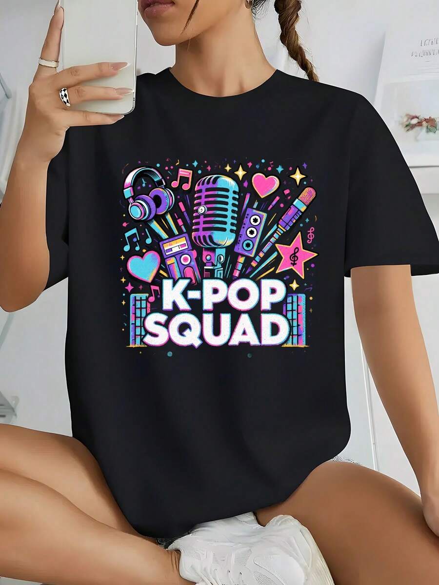 Women's K-POP SQUAD Pattern T-Shirt - Y2K Aesthetic Loose T-Shirt, Vibrant Microphone And Headphone Print, Soft Blend Loose Fit Round Neck Short Sleeve Top, K-Pop Fan Concert And Daily Streetwear (Pink And - 黑色 - 查看 1