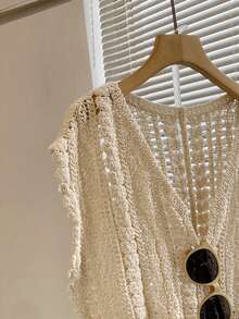 Women Solid Color Knit Fabric Hollow V-Neck Cover Up Sleeveless Crop Top, Spring/Summer - Apricot - View 3