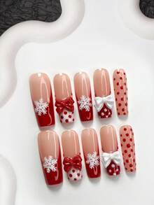 10片红色波点美甲贴纸，法式假指甲，雪花图案按压式美甲贴纸，红白蝴蝶结美甲装饰，柔雪系列美甲贴纸，包含美甲工具（1片果冻贴纸+1个指甲锉），三种尺寸可选：杏仁形、鸭嘴形、棺材形，适合日常通勤、重要场合、派对、冬季、婚礼等。手工按压式美甲贴纸。 - 彩色 - 查看 16