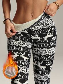 1pc Women's Snowflake Printed Thermal Lined Leggings, Thick Thermal Tights For Running, Workout, Fitness, Red Contrast Snowflake Pattern, Autumn/Winter - White - View 1