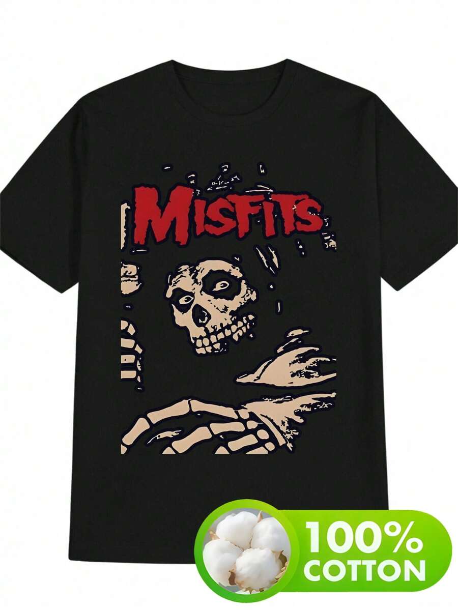Camiseta gráfica retro Misfits para hombre, cuello redondo informal, 100 % algodón, camiseta de manga corta de verano, temática de banda de humor negro, terror y anime Y2K, corte regular, 180 g/m², color negro. - Negro - Ver 1