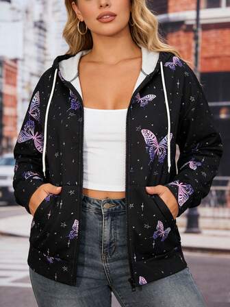 Women's Butterfly Print Long Sleeve Zip Front Drawstring Hoodie