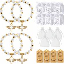 120Pcs Baptism Favors Set Include 30 Angel Cross Rosary Bracelet 30 Baptism Favor Box With Ribbon 30 Thank You Tag 30 Organza Bag For Baby Shower(White, Gold) - Multicolor - View 2