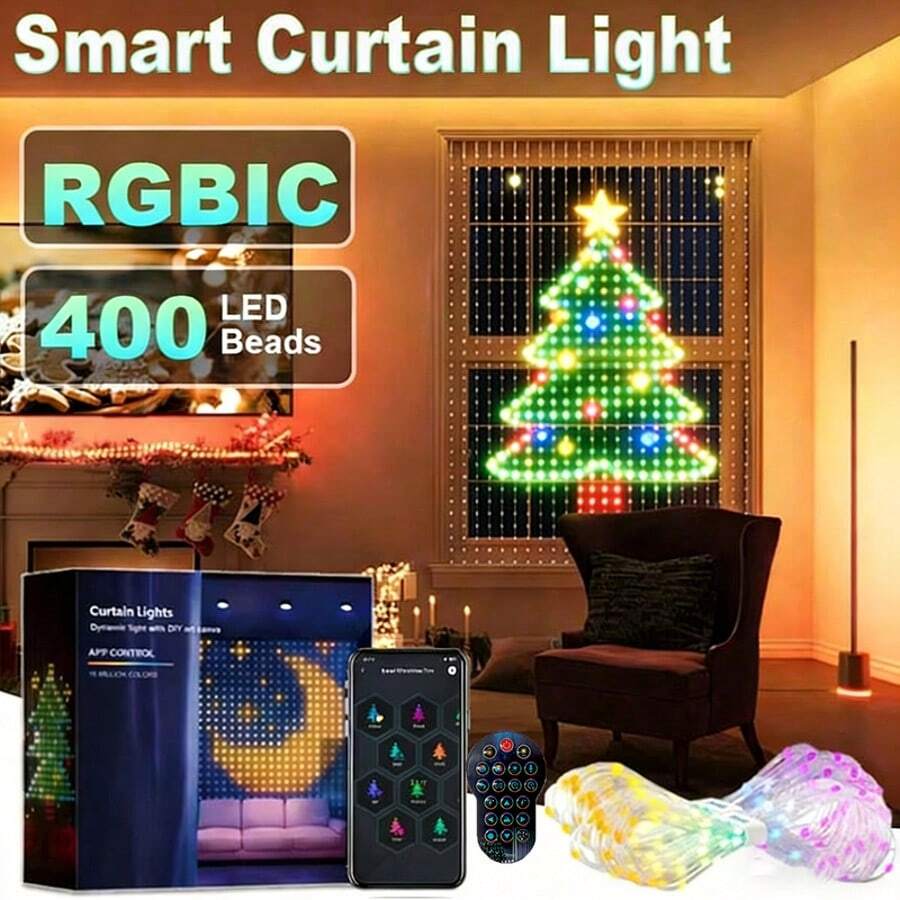 Upgraded Smart Curtain Lights, 400 Intelligent LED Curtain Lights, Fairy-Like Colour-Changing Curtain Lights, Programmable Patterns And Text, 1600 Adjustable Colours, Dynamic Effects, With Smart App And Remote Control. Ideal For Christmas, Bedroom Backdrop Decoration, Indoor/Outdoor Parties And Bars, And The Perfect Gift Choice. - 6,56 * 6,56FT 400LED - Xem 1