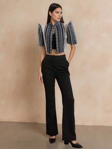 1pc Women's Modern Philippine Style Blouse, Philippine Style Butterfly Sleeve Blouse, Fashion Semi-Sheer Splice Stand Collar Design Elegant Puff Sleeve Shirt, Button-Up Blouse Versatile Philippine Style Cropped Top, Black Blouse - Black - View 3