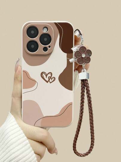 Funda protectora de teléfono suave con borde recto perforado y cadena, con diseño de corazón pintado en color café, compatible con iPhone 16/16 Pro/16 Pro Max/17/17 Pro/15 XR/7/8 15 Pro Max/12 Pro Max/13 Pro Max/14 Pro Max 13 14 11 12P 14 P11 XS.XR/78P.78GES2, adecuada para A134G A22 A21S A514G A52 S22 Ultra A335G, compatible con Redmi 10, Redmi Note 114G, Redmi 11 Lite A53 TPU A14/A23/S23 Ultra S24 A14 A15 S23 A73