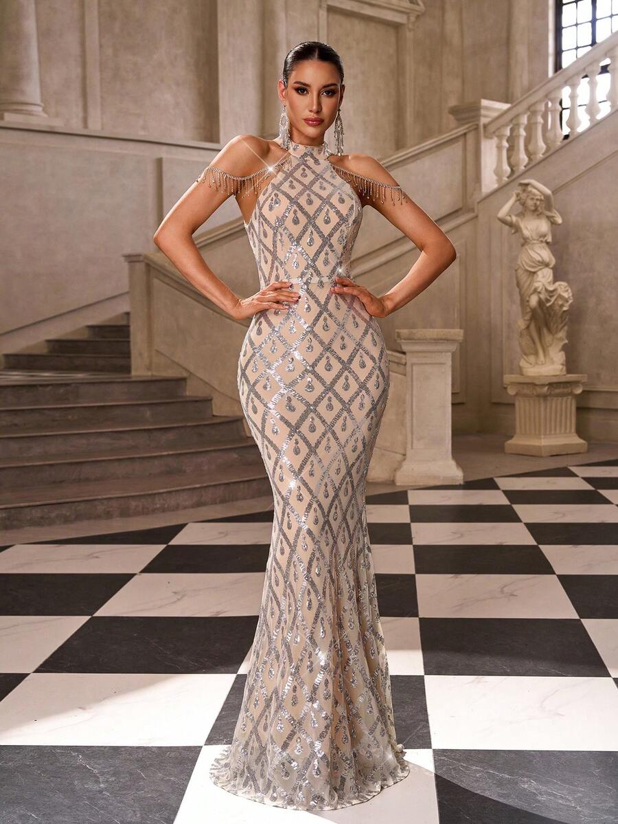 Women's Halter Neck Sequin Patchwork Bodycon Maxi Dress - Silver - View 1