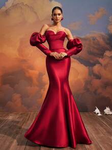 VIPGIRL elegantes burgunderrotes Off-Shoulder Maxikleid mit Puffärmeln im Meerjungfrauenschnitt, seidenes Abendkleid, Modisches Partykleid für Damen, Damen Abendkleid für festliche Anlässe - Bordeaux - Übersicht 3