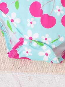 4件套女婴春夏款玫红色条纹连体衣，樱桃印花连体衣配同款发带 - 玫瑰紅 - 查看 9