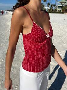 Womens Polka Dot Print Crop Camisoles Tank Tops Spaghetti Straped Deep-V Neck Bow Cami Streetwear Party Clubwear Going Out Tops Vacation Outfits Women, Holiday Outfits Women, New Years Outfits Women - 紅色 - 查看 2