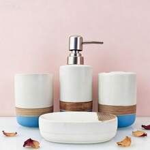 4pcs Bathroom Accessory Set, Stainless Steel Pump Head, Ceramic Material, Includes Tumbler + Toothbrush Holder + Soap Dispenser + Soap Dish, Durable And Suitable For Modern Bathrooms - Platinum - View 1