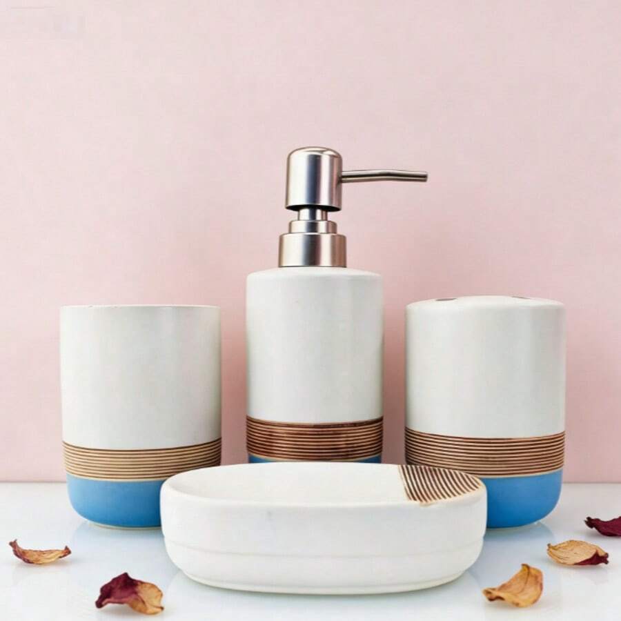 4pcs Bathroom Accessory Set, Stainless Steel Pump Head, Ceramic Material, Includes Tumbler + Toothbrush Holder + Soap Dispenser + Soap Dish, Durable And Suitable For Modern Bathrooms - Platinum - View 1