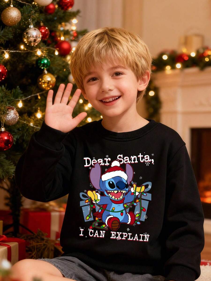 Disney Stitch Christmas-Themed Print, Fall/Winter Children's Crewneck Sweatshirt, Perfect For Boys' Everyday Playwear. Long-Sleeved Top, Ideal As A Christmas Gift. - Black - View 1