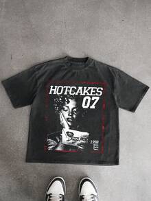 男士休闲做旧雪花印花复古T恤，春夏款 - 黑色 - 查看 1