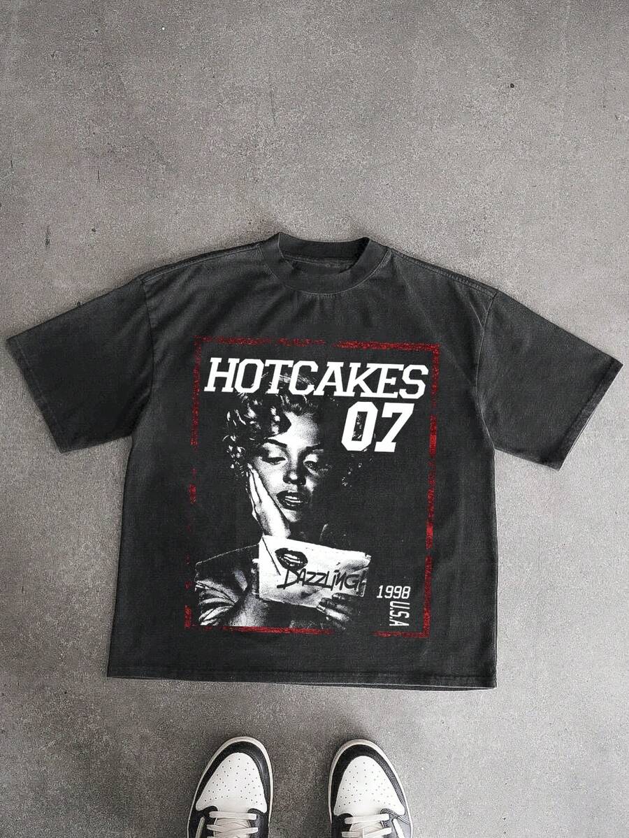 男士休闲做旧雪花印花复古T恤，春夏款 - 黑色 - 查看 1