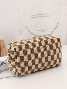 1pc Checkered Brown & Beige Octagonal Large Capacity Handheld Makeup Bag, Checkerboard Cosmetic Bag, Suitable For Wallet, Portable Zipper Makeup Pouch, Small Cosmetic Bag, Suitable For Travel Accessories, Coffee Color, Classic,Pouch,Makeup Pouch,Travel Essential - Multicolor - View 8