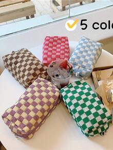 1pc Checkered Brown & Beige Octagonal Large Capacity Handheld Makeup Bag, Checkerboard Cosmetic Bag, Suitable For Wallet, Portable Zipper Makeup Pouch, Small Cosmetic Bag, Suitable For Travel Accessories, Coffee Color, Classic,Pouch,Makeup Pouch,Travel Essential - Multicolor - View 7