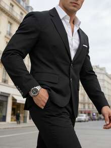 男士单排扣西装外套，带口袋，正式衬衫，商务休闲优雅修身西装外套 - 黑色 - 查看 3