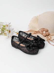 1 Pair New Spring Lace Flat Shoes For Female Students, Comfortable School/Outdoor Wear, Fashionable Baby Shoes, Toddler Lace Cloth Shoes, Girls Outdoor Flat Leather Shoes - Black - View 4