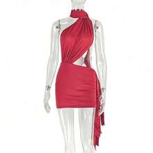 Street Fashion Women's Patchwork Backless Solid Color Bag Skirt With Straps, Asymmetrical Pleated Dress - Red - View 3