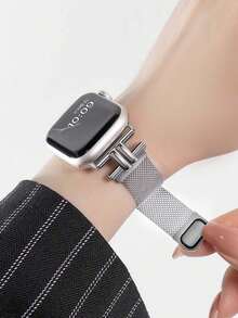 Tương thích với dây đeo dành cho nữ và nam, 1 chiếc dây đeo đồng hồ thời trang có thể điều chỉnh từ tính mới, tương thích với Apple Watch Series 11 10 9 8 7 6 5 4 3 2 1, Dây đeo bằng thép không gỉ từ tính kiểu Milanese vân kim loại thời trang dành cho nữ, phù hợp cho trang phục thường ngày và dự tiệc, tương thích với phụ kiện 38mm 40mm 41mm 42mm 44mm 45mm 46mm 49mm màu bạc - Bạc - Xem 5